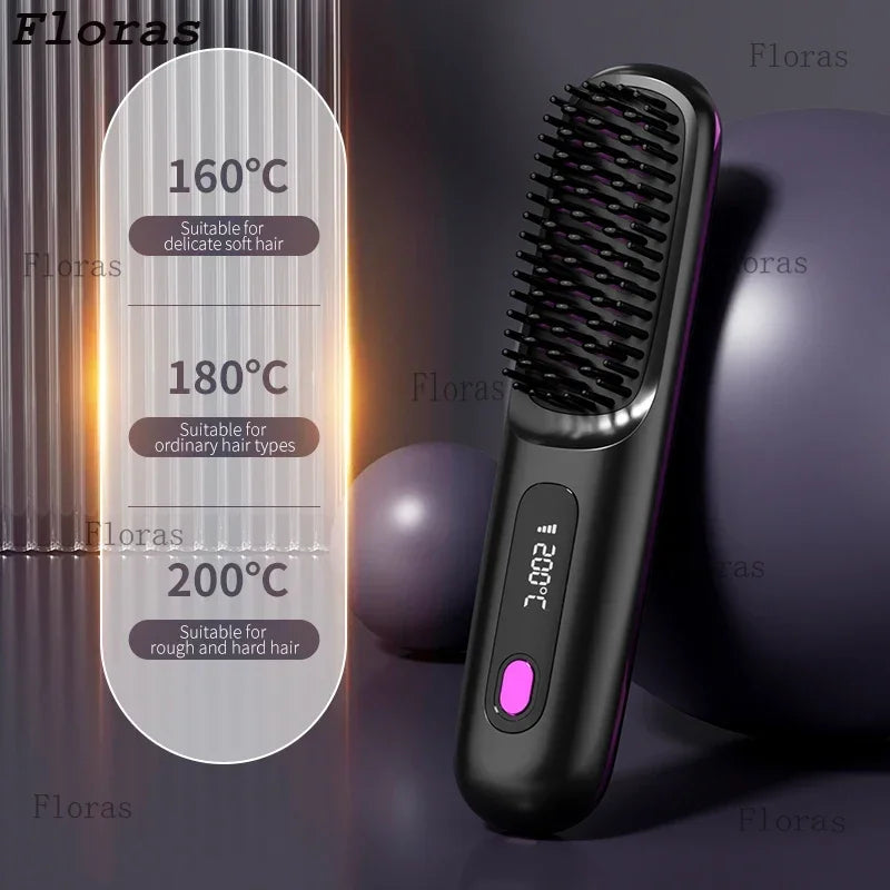 Electric LCD Usb Ceramic Heating Straight Hair Comb Wireless Portable Negative Ion Styling Tool Rechargeable Straightening Brush