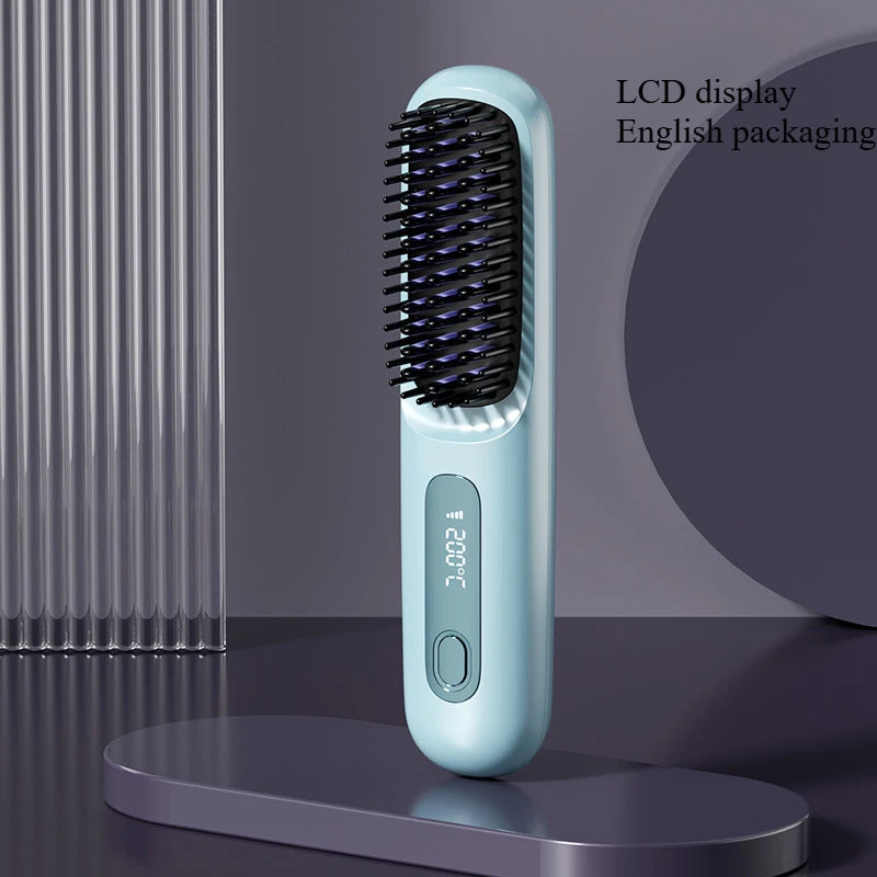 Electric LCD Usb Ceramic Heating Straight Hair Comb Wireless Portable Negative Ion Styling Tool Rechargeable Straightening Brush