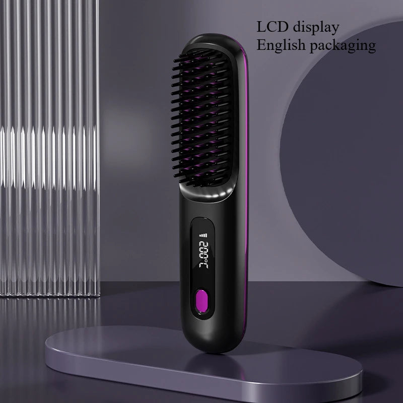 Electric LCD Usb Ceramic Heating Straight Hair Comb Wireless Portable Negative Ion Styling Tool Rechargeable Straightening Brush
