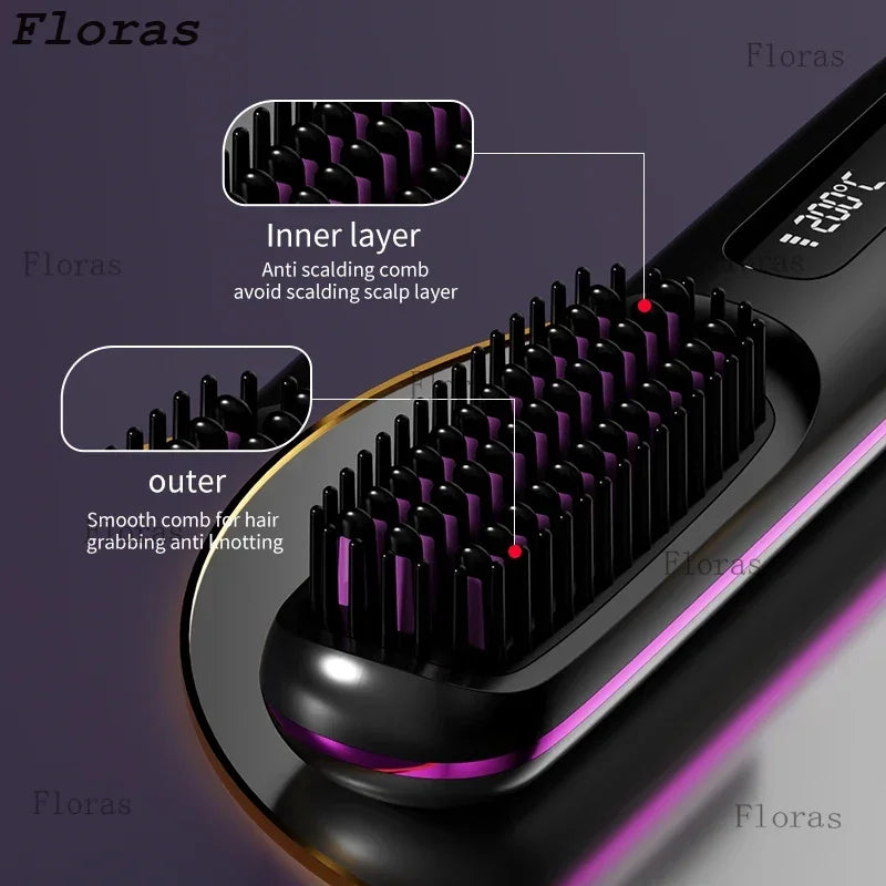 Electric LCD Usb Ceramic Heating Straight Hair Comb Wireless Portable Negative Ion Styling Tool Rechargeable Straightening Brush