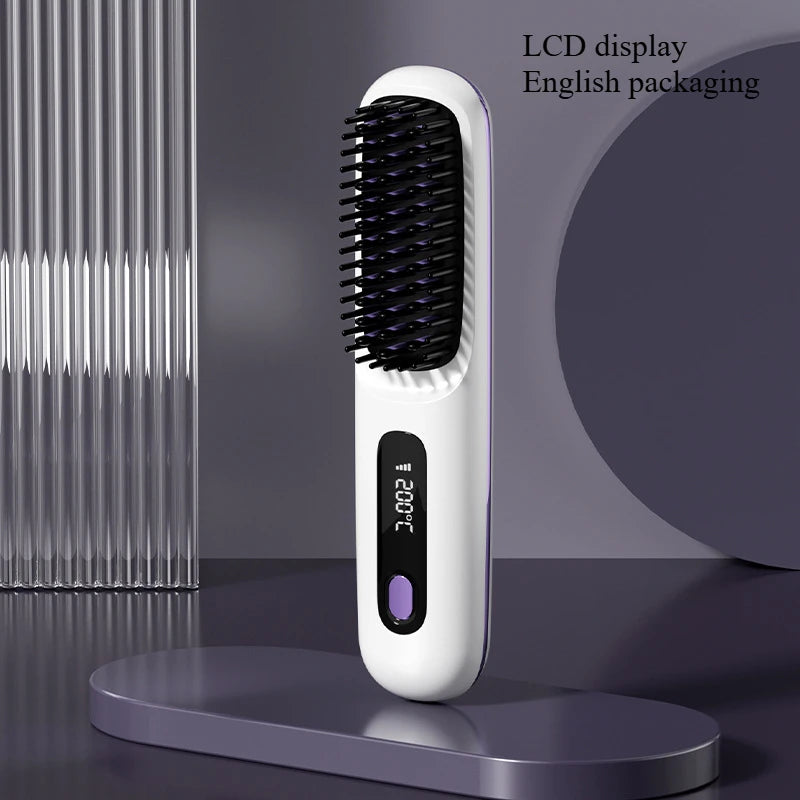 Electric LCD Usb Ceramic Heating Straight Hair Comb Wireless Portable Negative Ion Styling Tool Rechargeable Straightening Brush