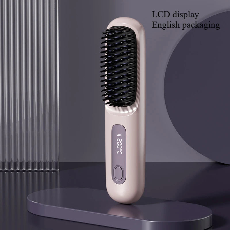 Electric LCD Usb Ceramic Heating Straight Hair Comb Wireless Portable Negative Ion Styling Tool Rechargeable Straightening Brush