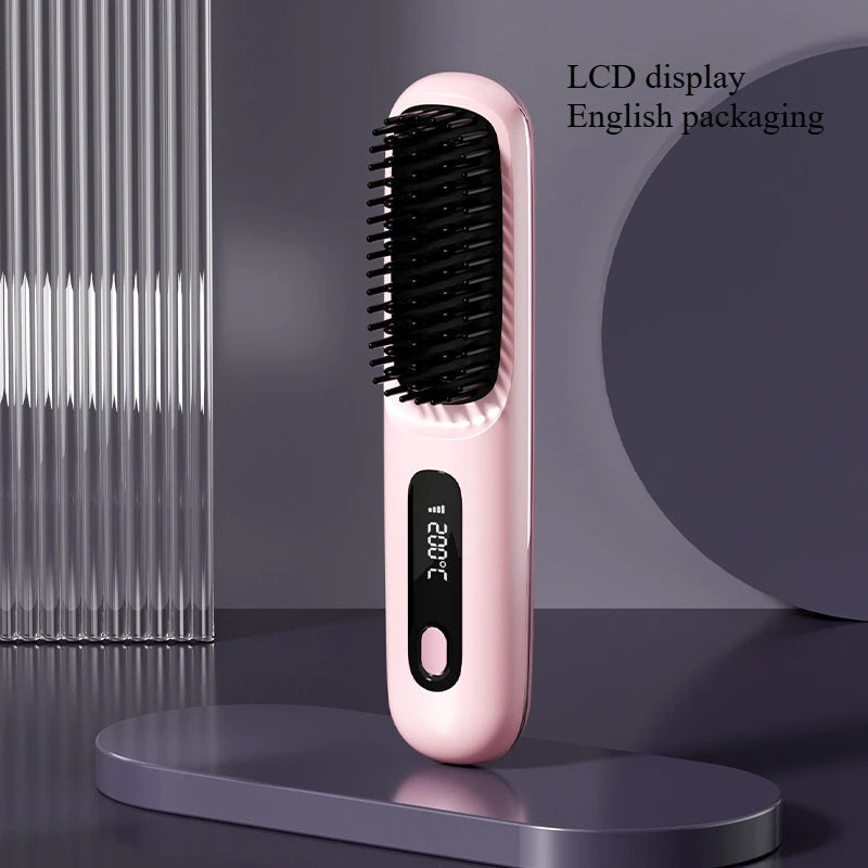 Electric LCD Usb Ceramic Heating Straight Hair Comb Wireless Portable Negative Ion Styling Tool Rechargeable Straightening Brush